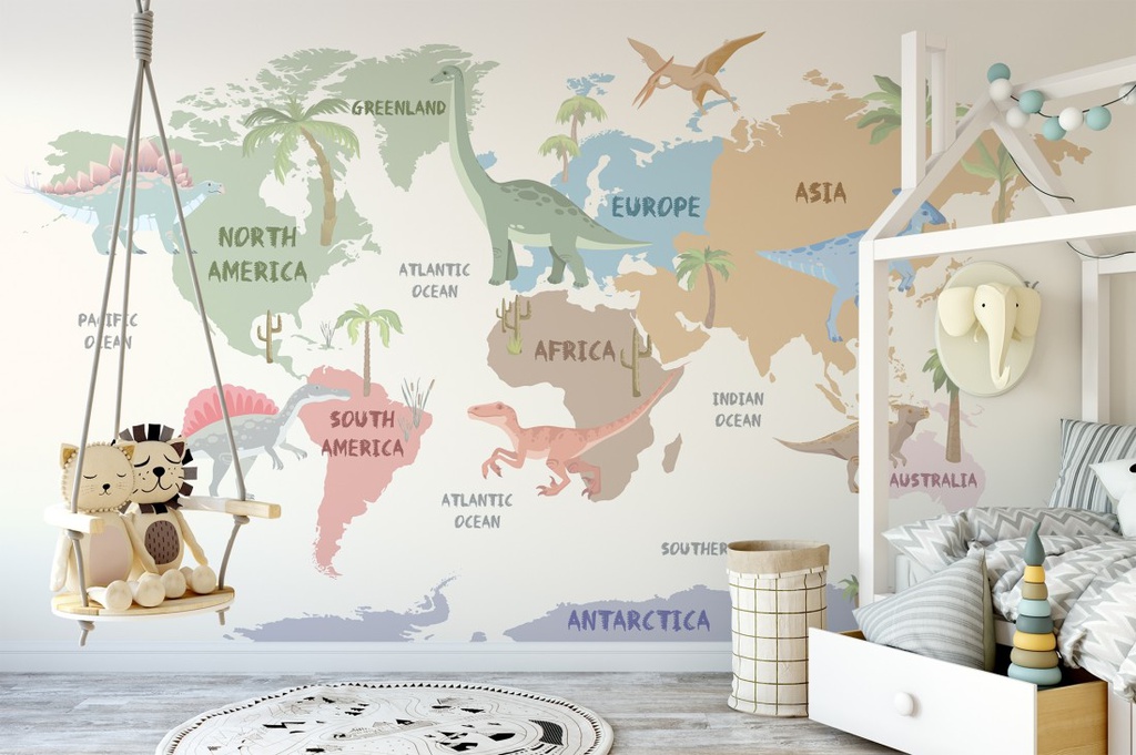 Papel Tapiz Mapa del Mundo con Dinosaurios