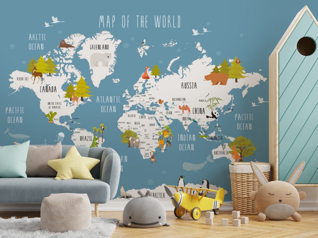 Papel Tapiz Niños Mapa del Mundo con Animales Cartoon - Turqueza