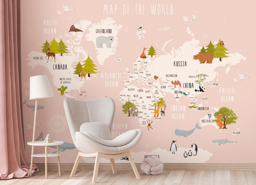 Papel Tapiz Niños Mapa del Mundo con Animales Cartoon - Rosa