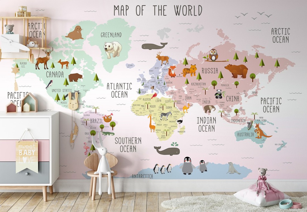 Papel Tapiz Niños Mapa del Mundo con Globos de Aire y Carros