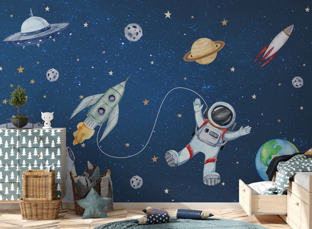 Papel Tapiz Espacio en Acuarela con Nave Espacia y Astronauta