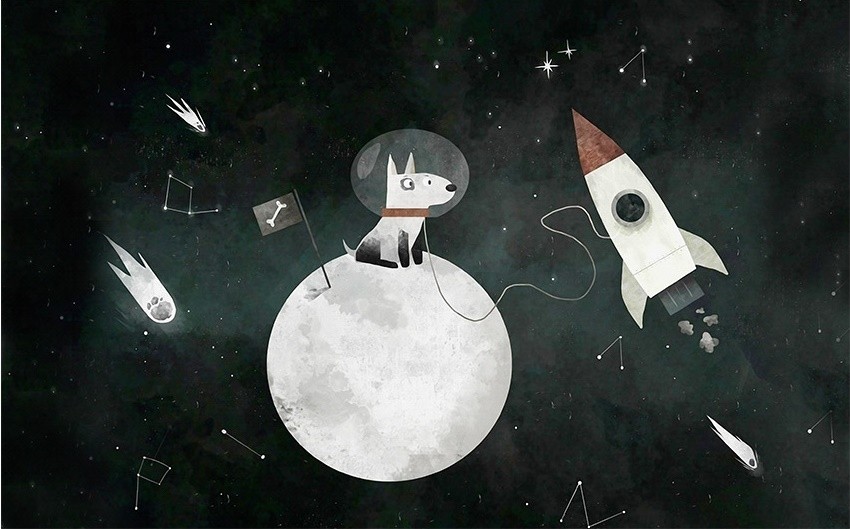 Papel Tapiz Espacio Perro con Luna y Cohetes
