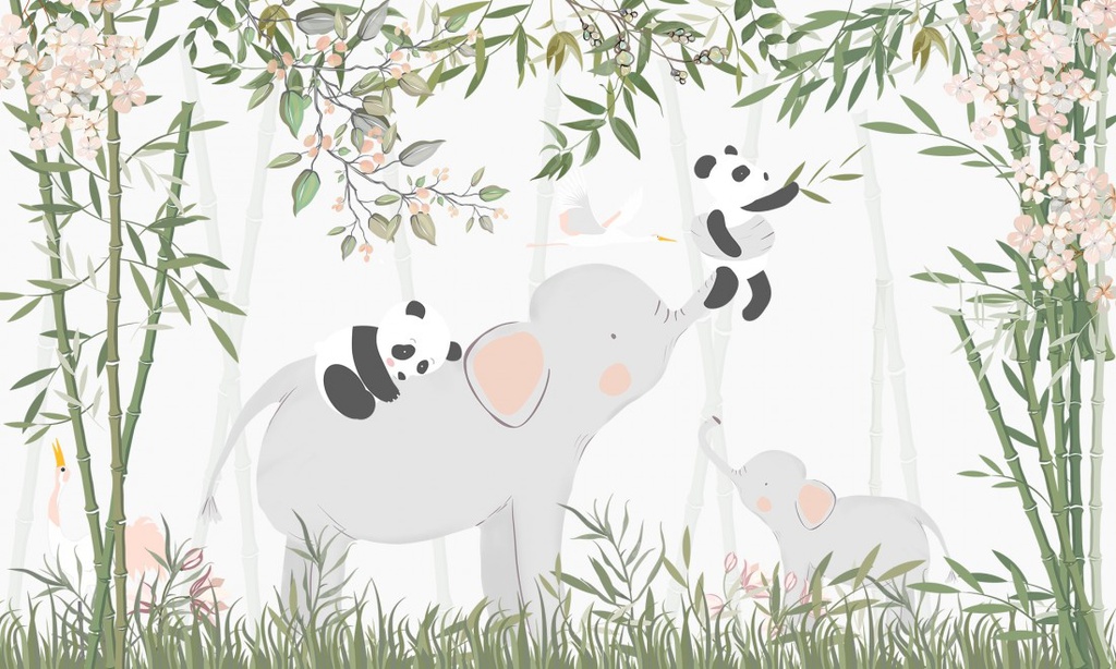 Papel Tapiz  - Bamboo Elefantes y Pandas